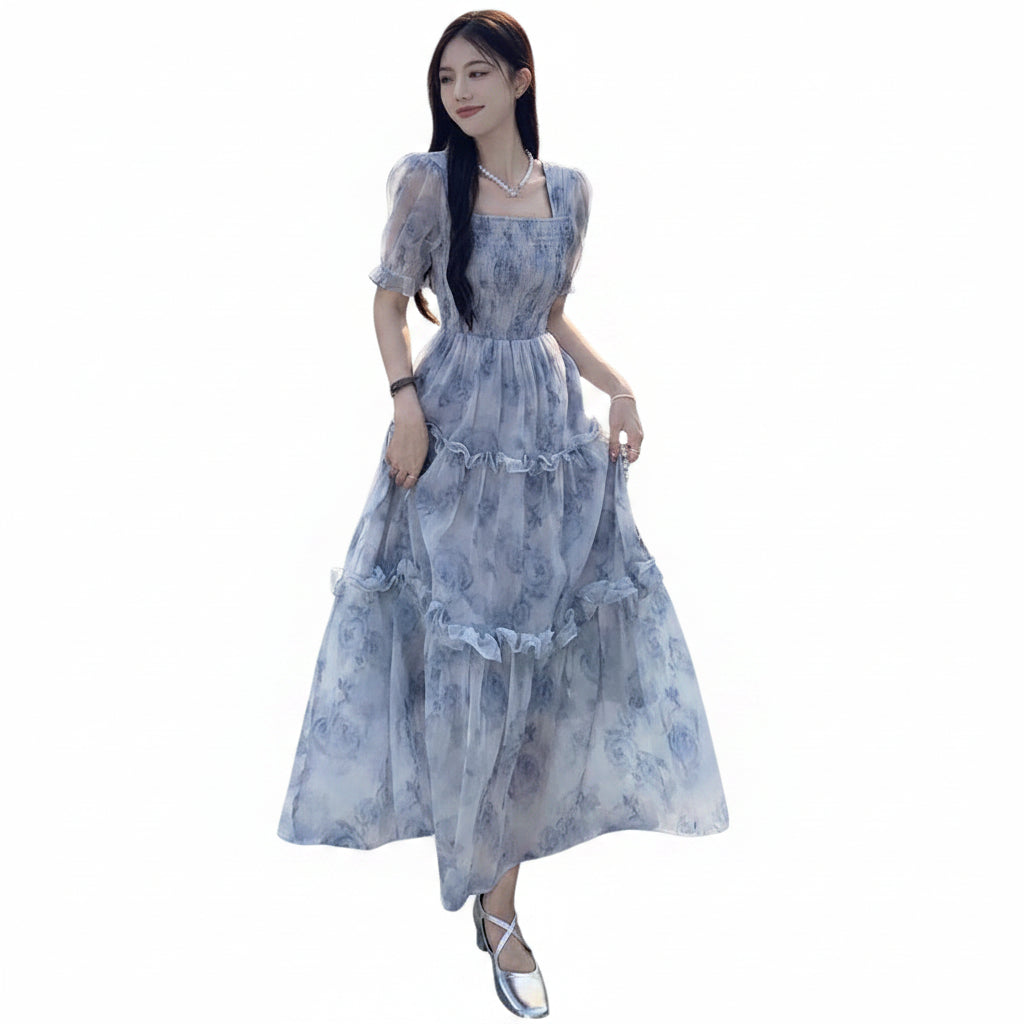 Retro Square Neck Floral A-Line Midi Dress for Women
