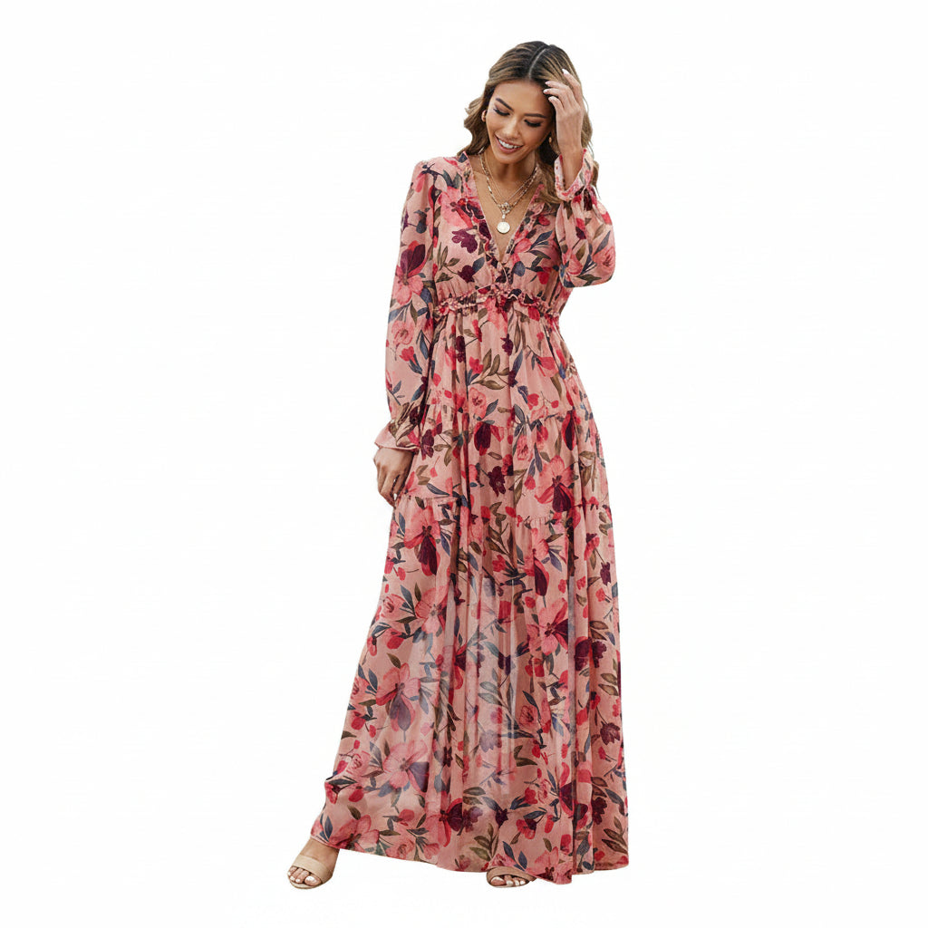 Romantic Floral V-Neck Puff Sleeve Tiered Maxi Dress