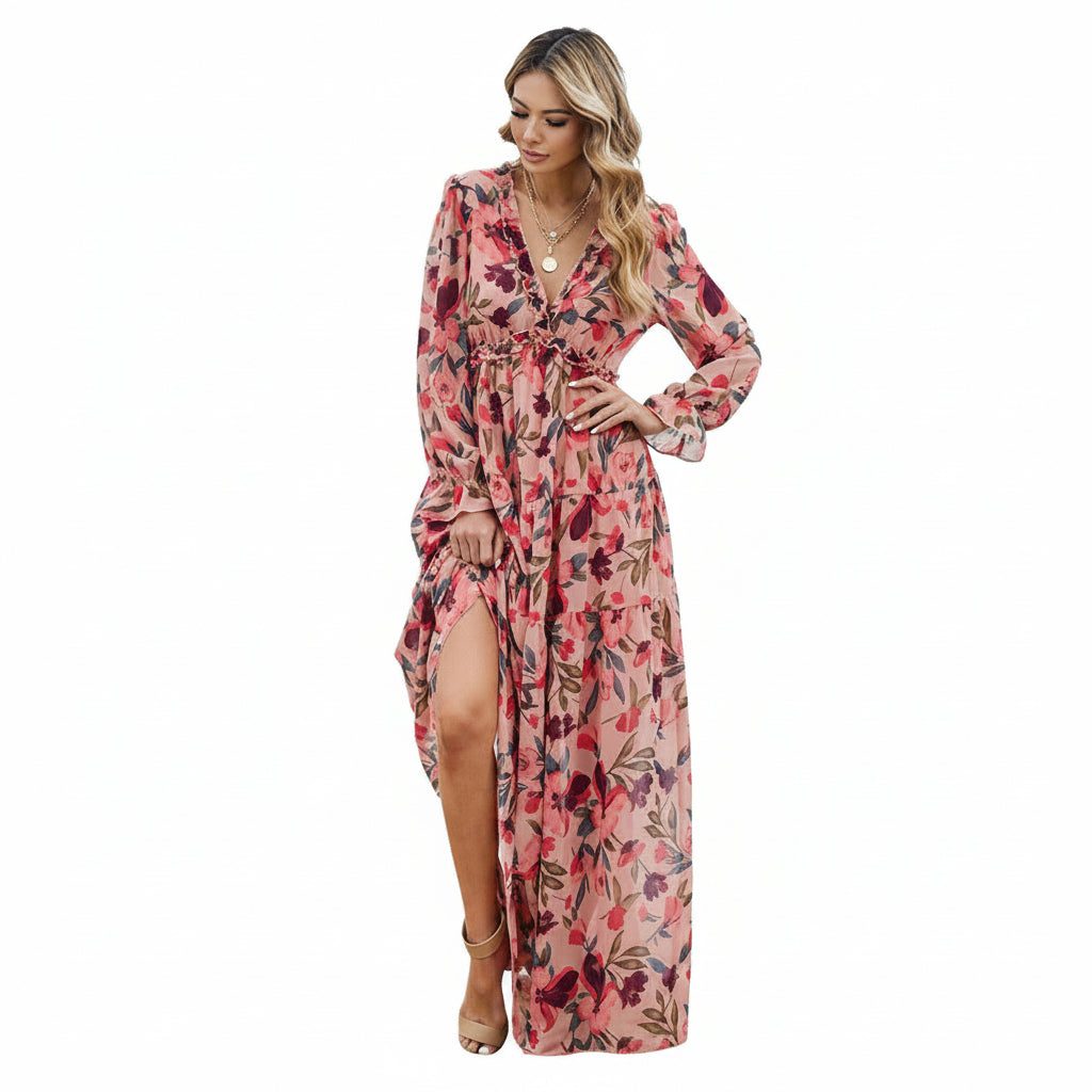 Romantic Floral V-Neck Puff Sleeve Tiered Maxi Dress