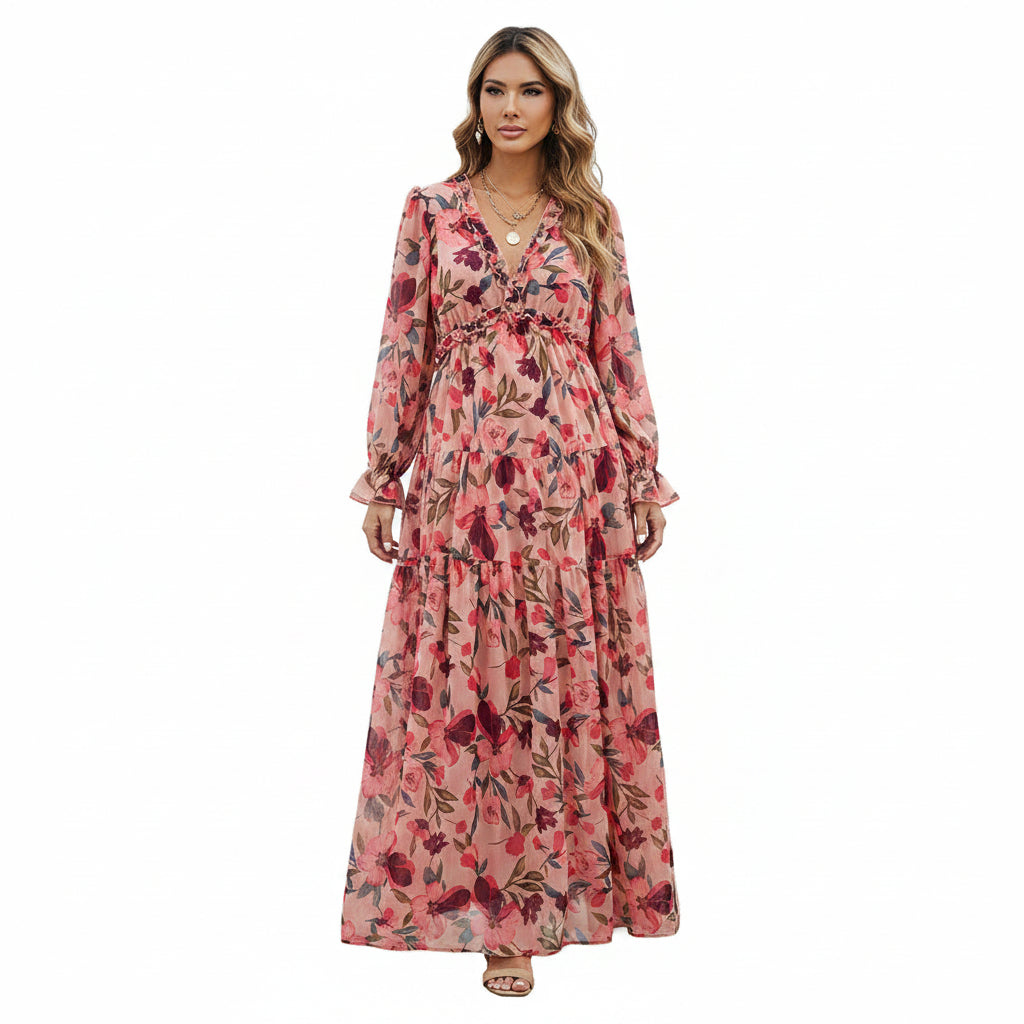 Romantic Floral V-Neck Puff Sleeve Tiered Maxi Dress