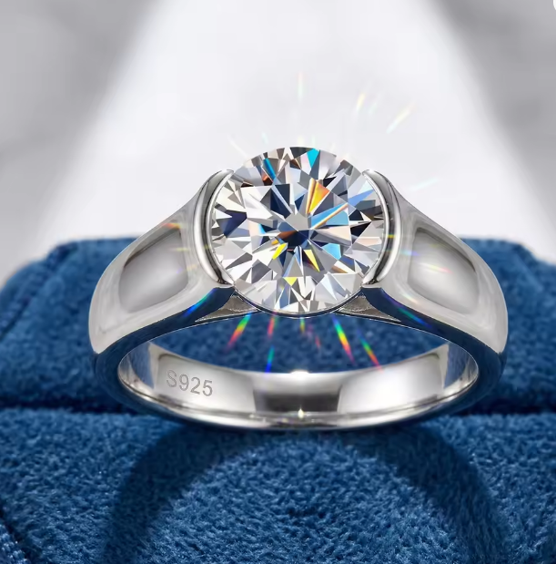 2 Carat Round D Color VVS1 Moissanite Ring, 925 Sterling Silver, Semi-Bezel Solitaire Engagement Ring