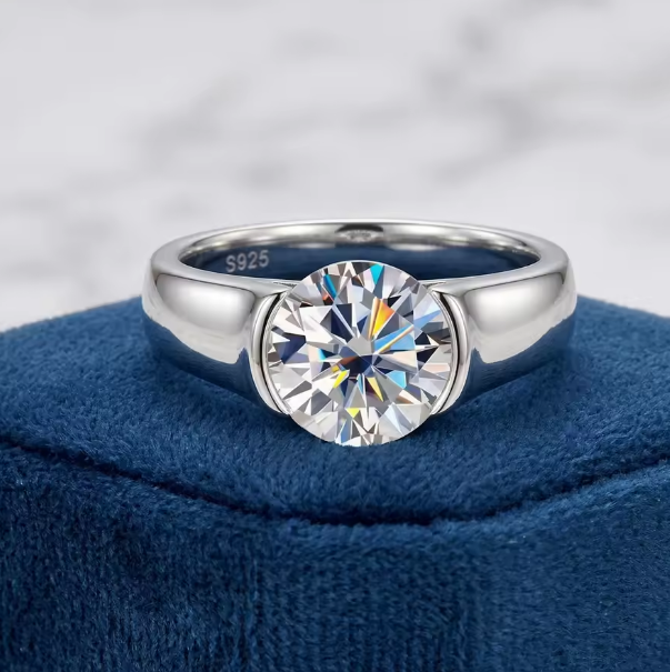 2 Carat Round D Color VVS1 Moissanite Ring, 925 Sterling Silver, Semi-Bezel Solitaire Engagement Ring