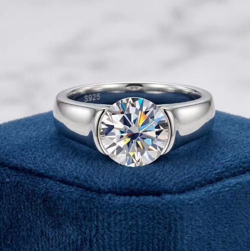 2 Carat Round D Color VVS1 Moissanite Ring, 925 Sterling Silver, Semi-Bezel Solitaire Engagement Ring
