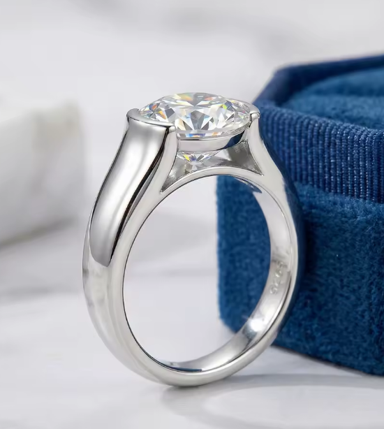 2 Carat Round D Color VVS1 Moissanite Ring, 925 Sterling Silver, Semi-Bezel Solitaire Engagement Ring