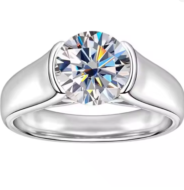 2 Carat Round D Color VVS1 Moissanite Ring, 925 Sterling Silver, Semi-Bezel Solitaire Engagement Ring