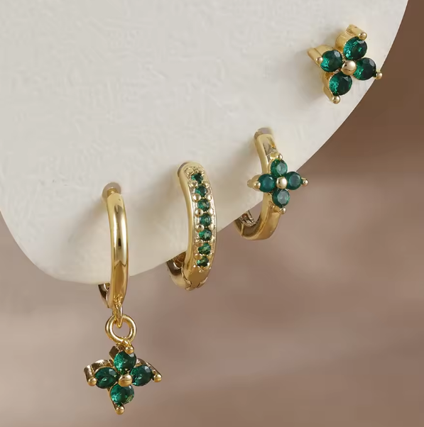 Fashion Cubic Zirconia Flower Hoop Earrings Set 18K Gold Plated Stainless Steel Stud Earring Piercing Jewelry