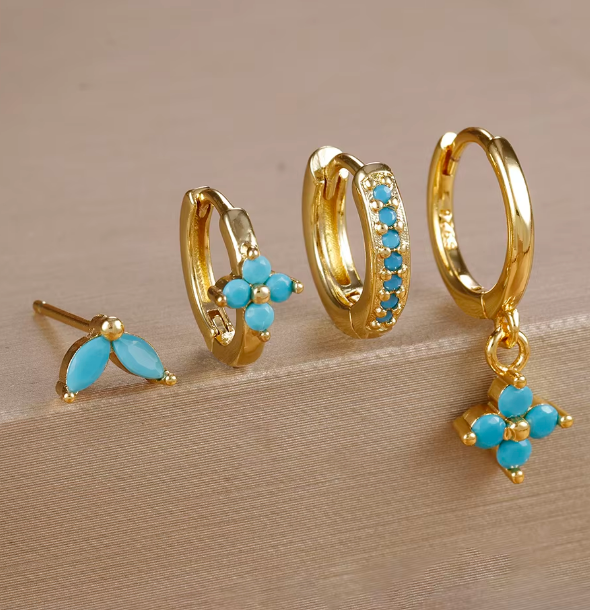 Fashion Cubic Zirconia Flower Hoop Earrings Set 18K Gold Plated Stainless Steel Stud Earring Piercing Jewelry
