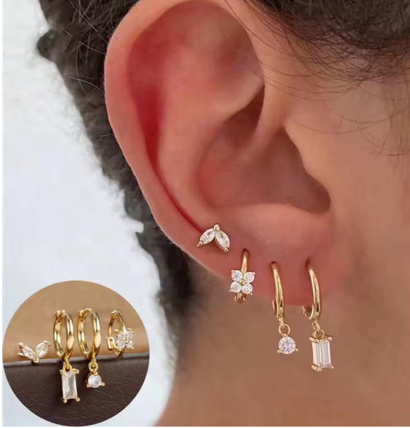 Fashion Cubic Zirconia Flower Hoop Earrings Set 18K Gold Plated Stainless Steel Stud Earring Piercing Jewelry