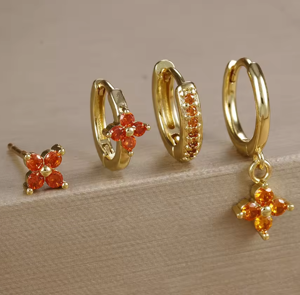 Fashion Cubic Zirconia Flower Hoop Earrings Set 18K Gold Plated Stainless Steel Stud Earring Piercing Jewelry