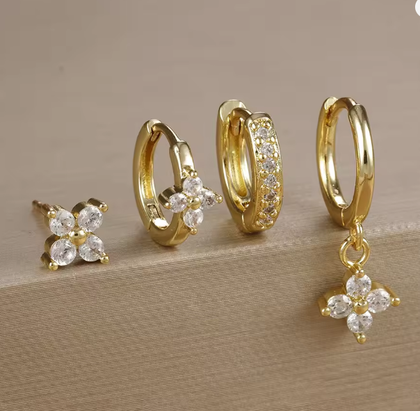 Fashion Cubic Zirconia Flower Hoop Earrings Set 18K Gold Plated Stainless Steel Stud Earring Piercing Jewelry