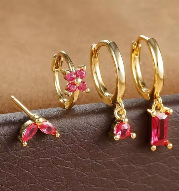 Fashion Cubic Zirconia Flower Hoop Earrings Set 18K Gold Plated Stainless Steel Stud Earring Piercing Jewelry