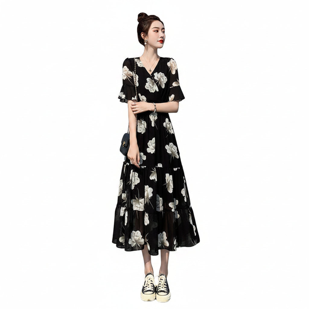 Vintage Floral Flared Sleeve High Waist Maxi Dress