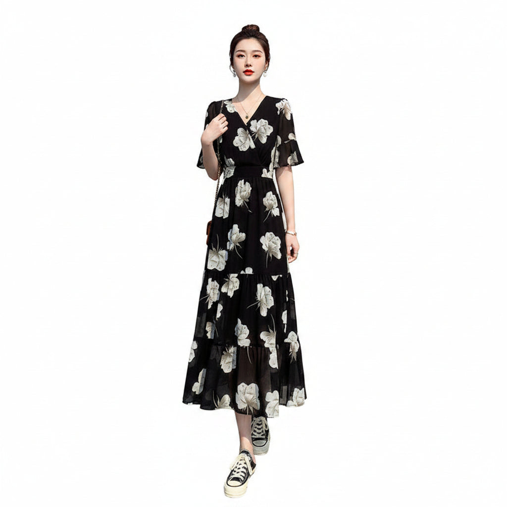Vintage Floral Flared Sleeve High Waist Maxi Dress